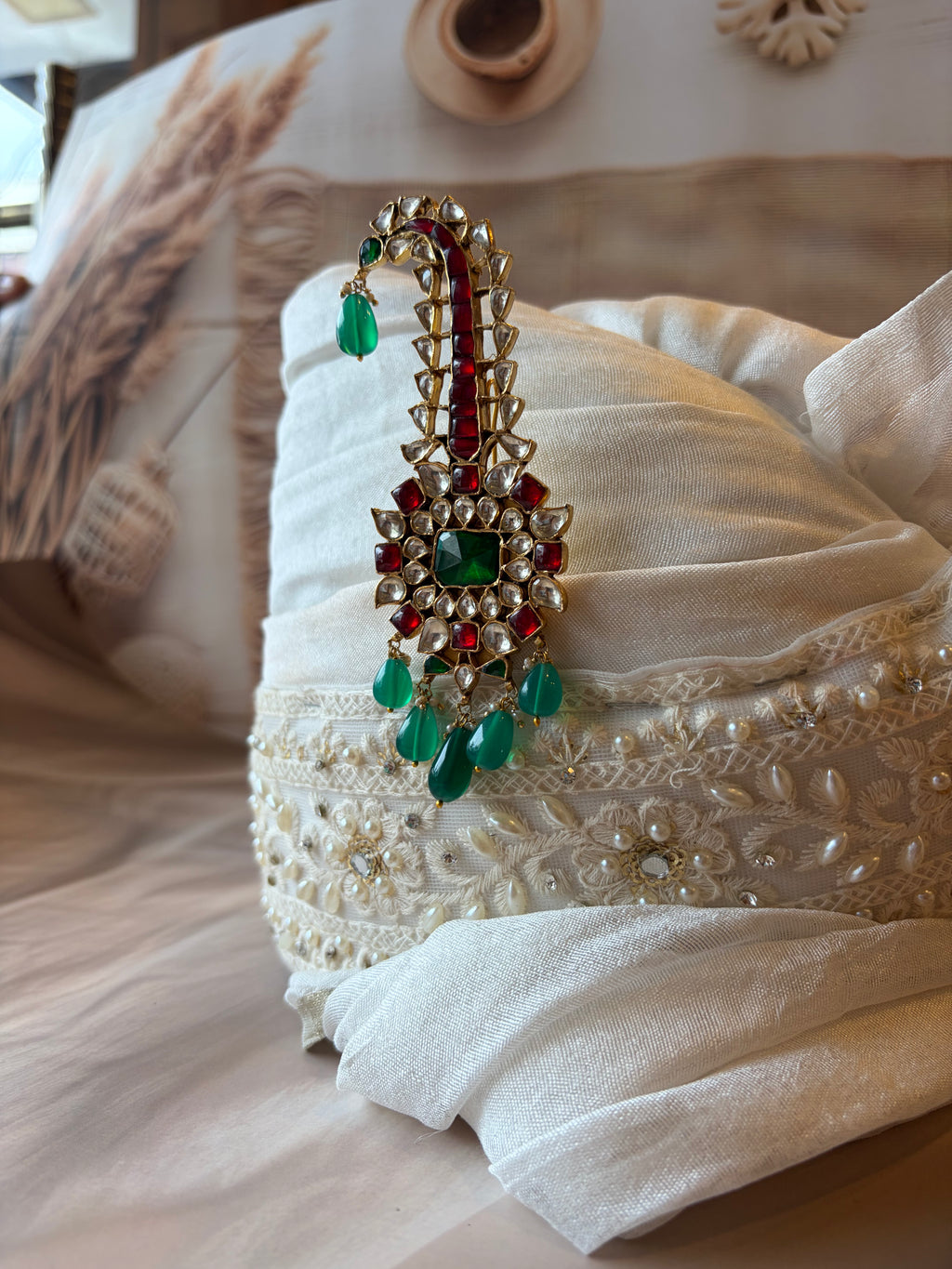 Green Red & White Stone 925 Silver Gold Plated Sarpech