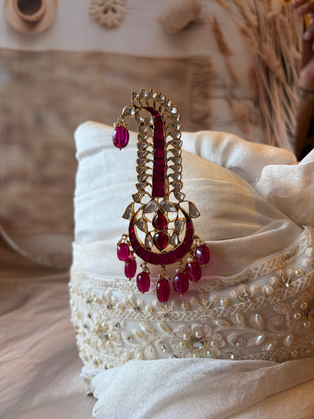 Pink & White Stone 925 Silver Gold Plated Sarpech