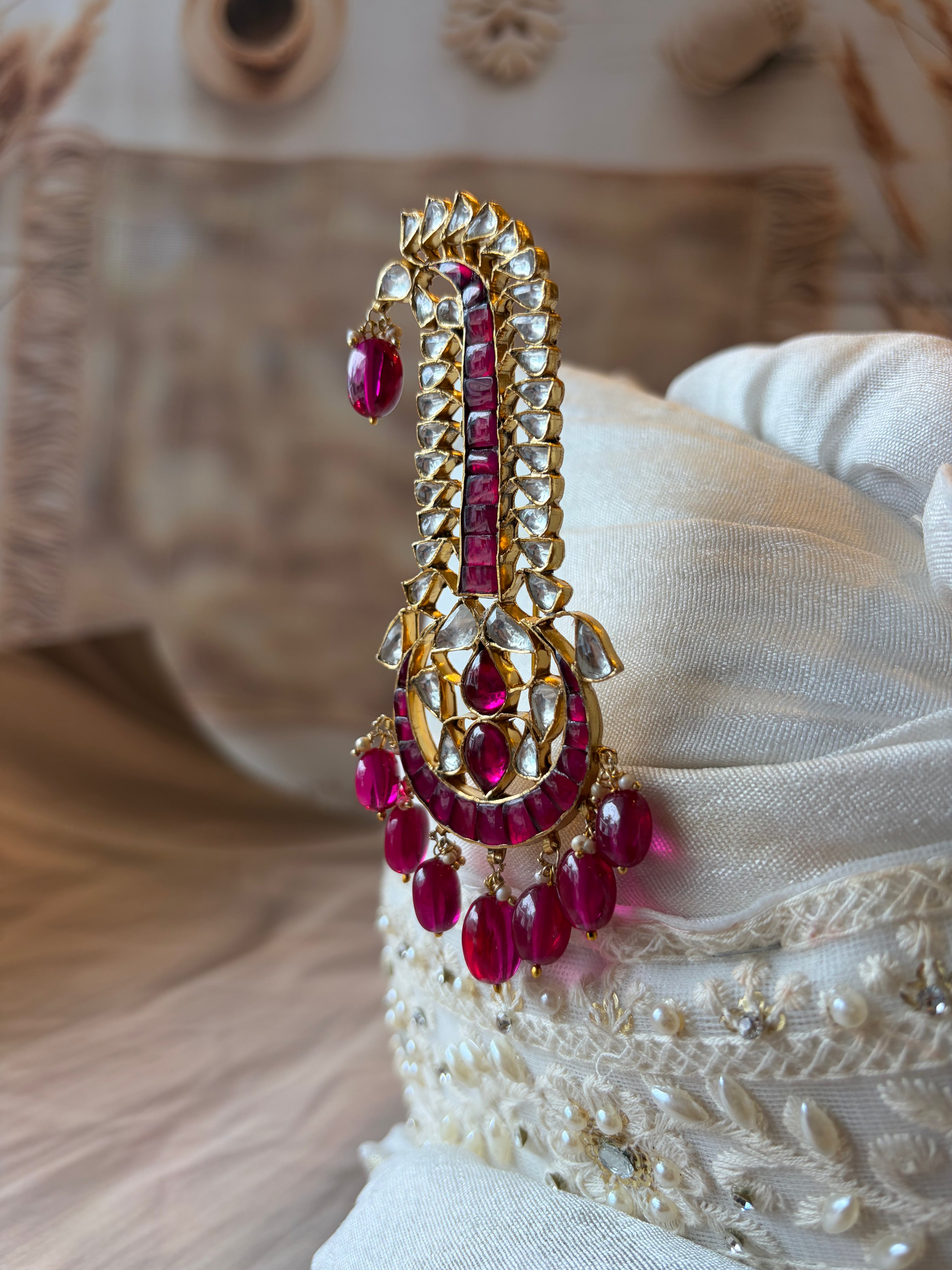 Pink & White Stone 925 Silver Gold Plated Sarpech