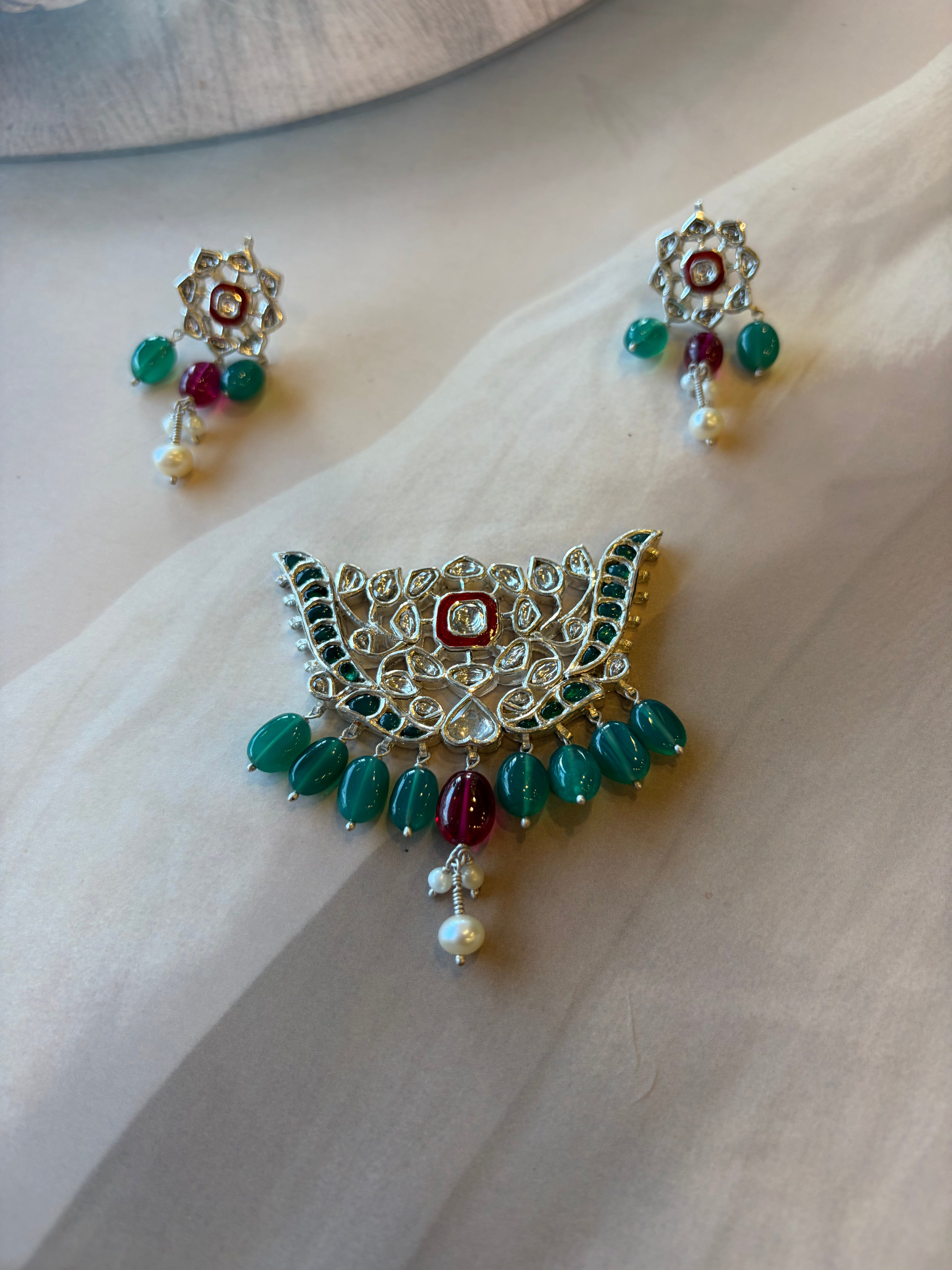 Mayura 925 Silver Gold Plated Stone Pendant Set