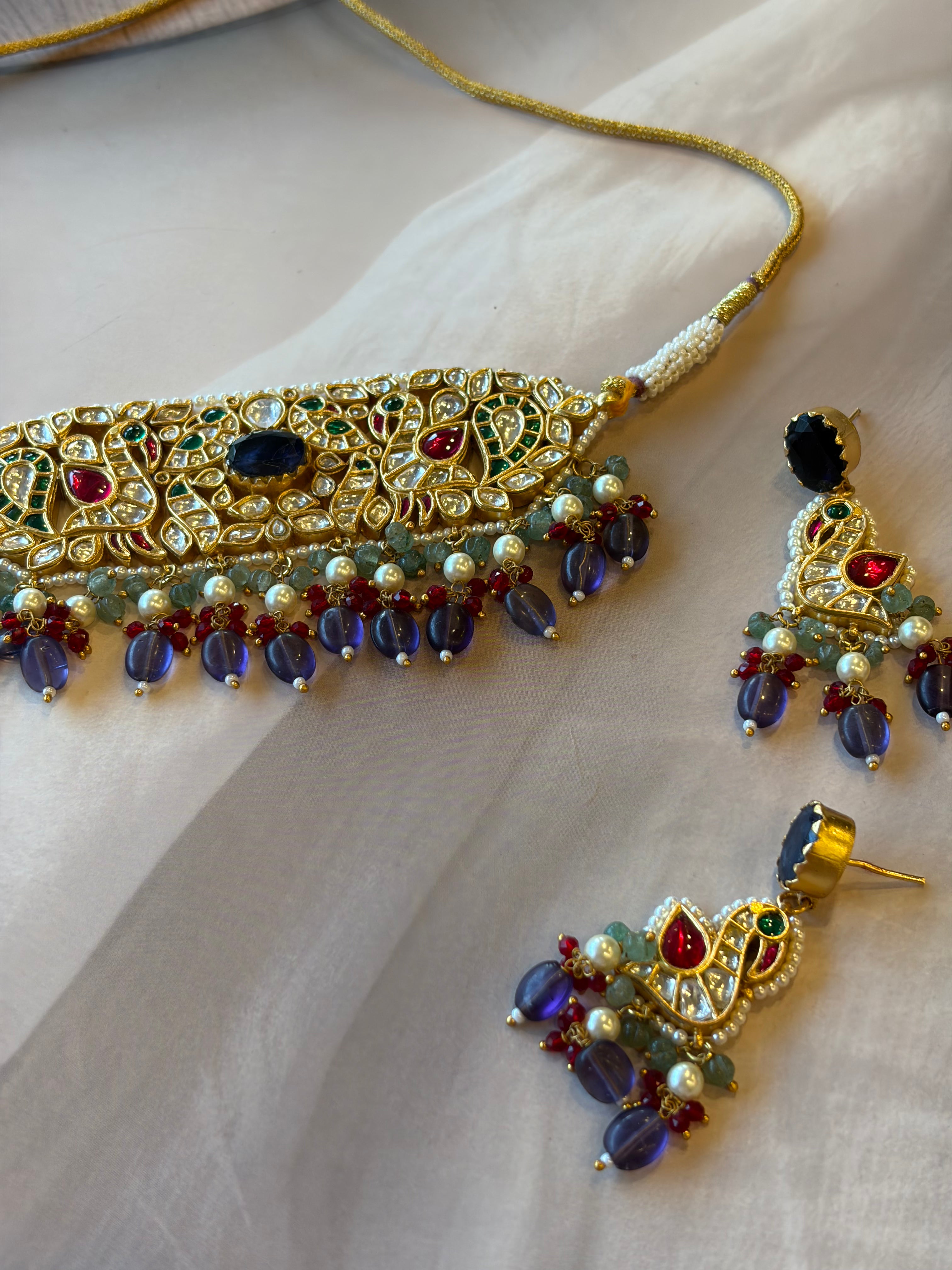Rajlakshmi 925 Silver Gold Plated Kundan Necklace Set