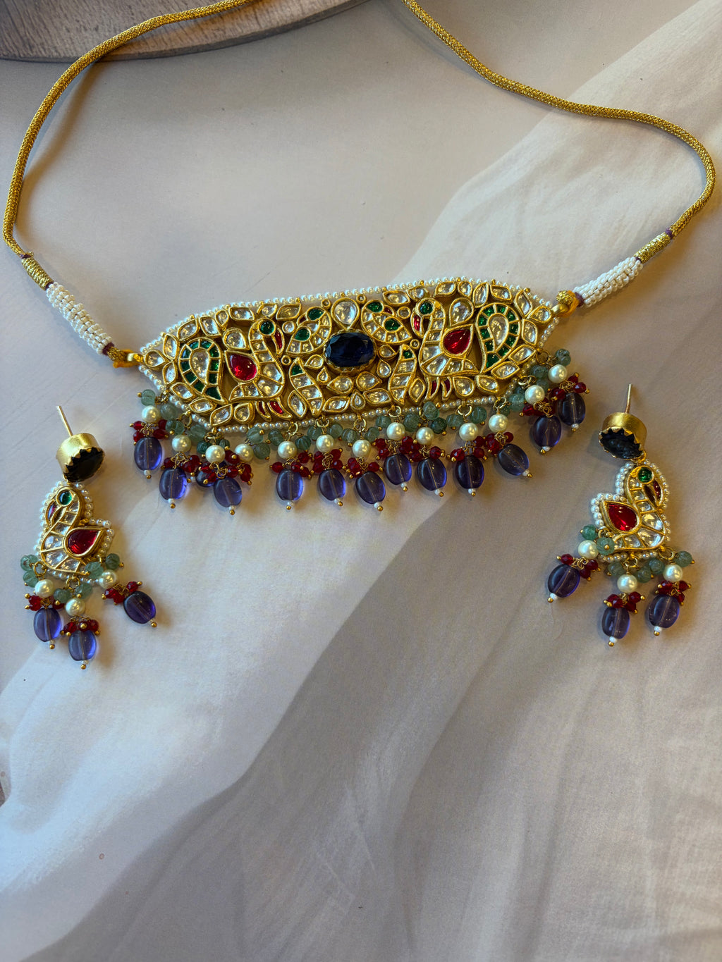 Rajlakshmi 925 Silver Gold Plated Kundan Necklace Set